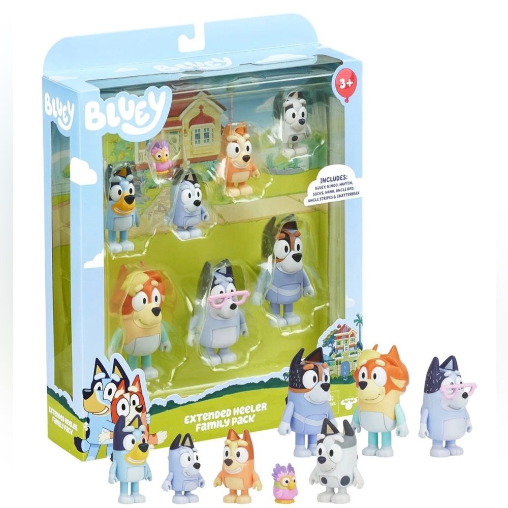 Bluey 8 pack figure set Extended Heeler Family Includes Chattermax
